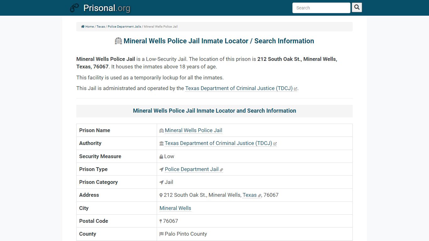 Mineral Wells Police Jail Inmate Locator / Search Information